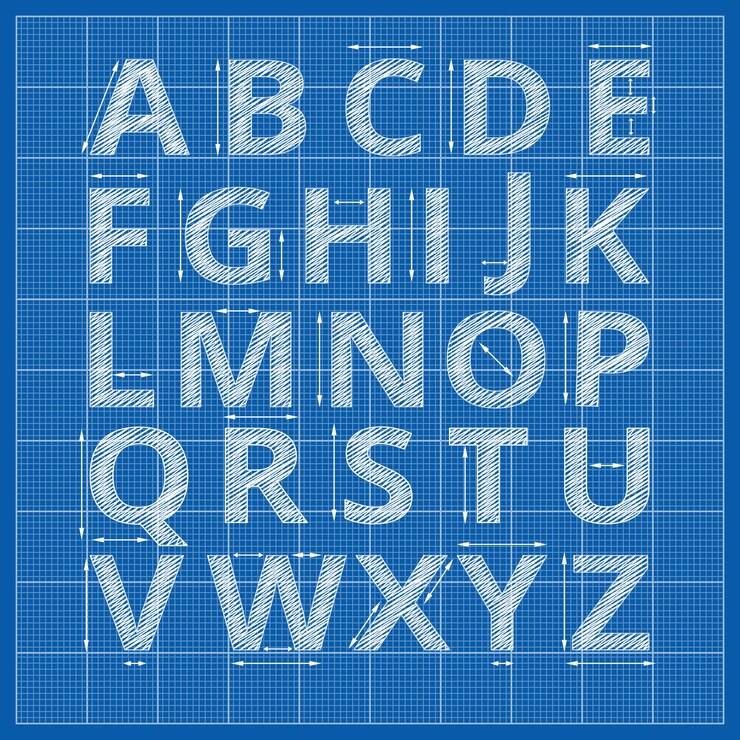 Ücretsiz Vektör blueprint alphabet. drafting blueprint paper letters.