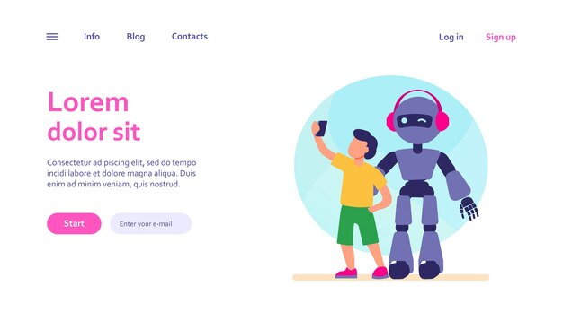 boy taking selfie with humanoid. child with cyborg, kid with robot web template.