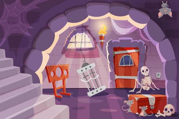 cartoon castle dungeon with medieval prison cell for prisoners