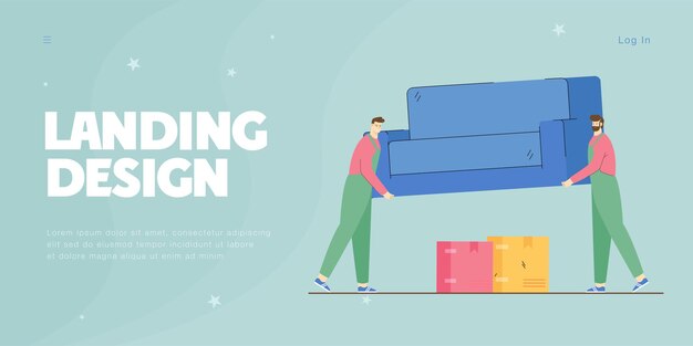 Cartoon workers carrying sofa into new home
