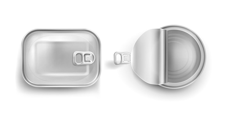 Ücretsiz Vektör çekme halkalı teneke kutuların üstten görünüm mockup’ı. kapalı ve açık kapaklı konserve metal kavanozlar, beyaz arka plan üzerinde izole edilmiş alüminyum dikdörtgen ve yuvarlak konserve kutuları, gerçeğe yakın 3d vektör simgeler