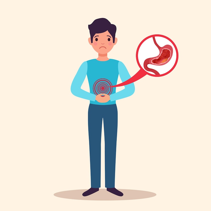 Ücretsiz Vektör chronic gastritis young male patient flat character with shown acute inflammation of swollen stomach lining