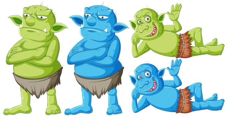 Ücretsiz Vektör çizgi film karakterinde izole edilmiş farklı yüzlerle ayakta duran ve yatan yeşil ve mavi goblin veya troll seti