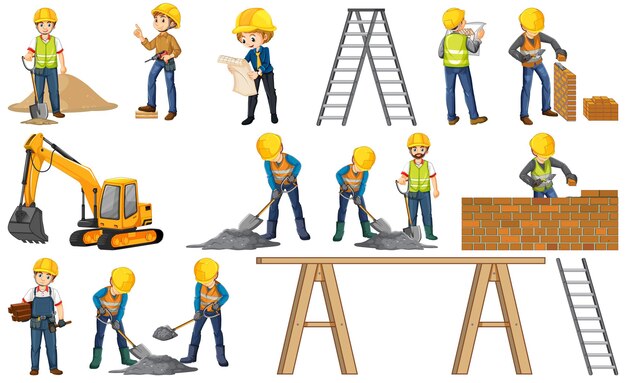 Construction worker set with man doing different jobs