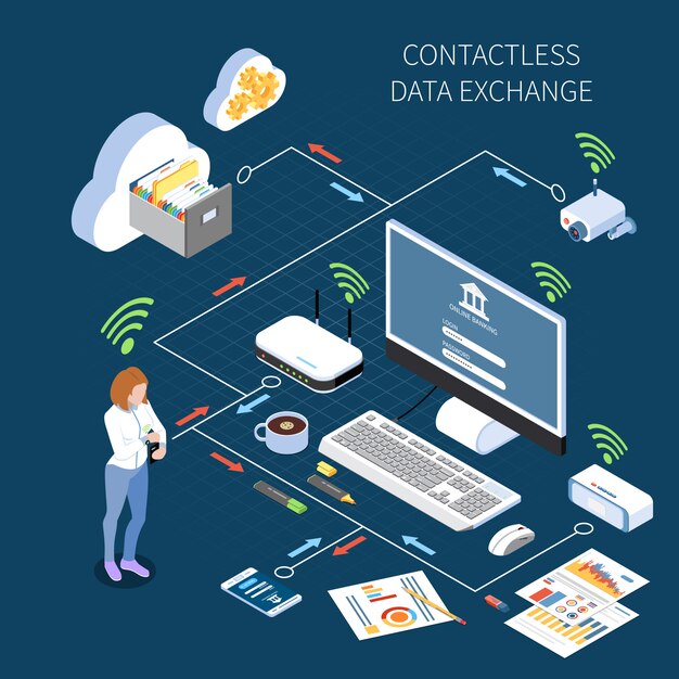 contactless data exchange isometric illustration
