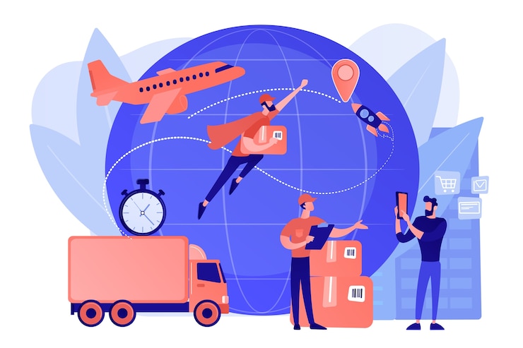Ücretsiz Vektör courier carrying order, delivering parcel. express cargo delivery service, air freight logistics and distribution, global postal mail concept. pinkish coral bluevector isolated illustration