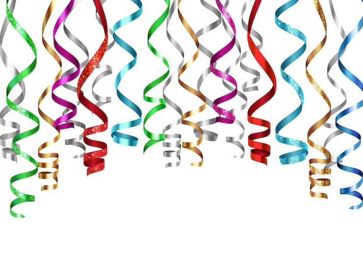 Ücretsiz Vektör curled ribbons serpentine realistic composition with isolated images of shiny festive decorations vector illustration