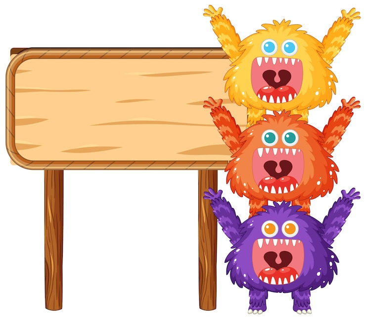 Ücretsiz Vektör cute happy monster friends holding wooden sign board banner