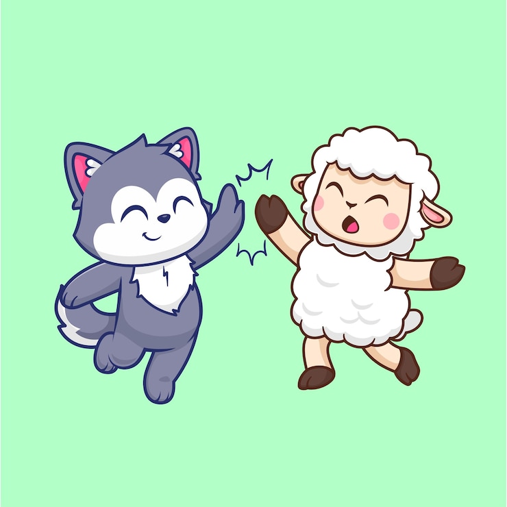Ücretsiz Vektör cute husky dog and sheep high five cartoon vector icon illustration animal nature isolated flat