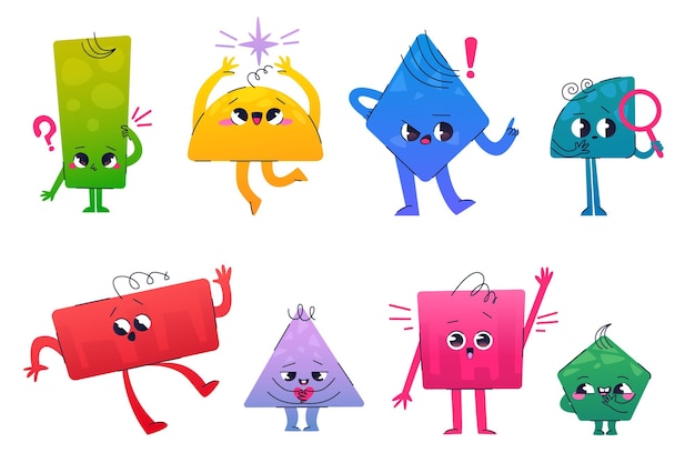 Cute math geometric figure shape cartoon vector character Abstract basic geometry funny set Rhombus triangle square and pentagon childish graphic doodle collection of emotions for object learning