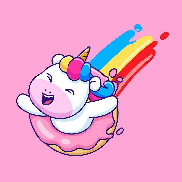 Ücretsiz Vektör cute unicorn playing with doughnut rainbow cartoon vector icon illustration animal food isolated