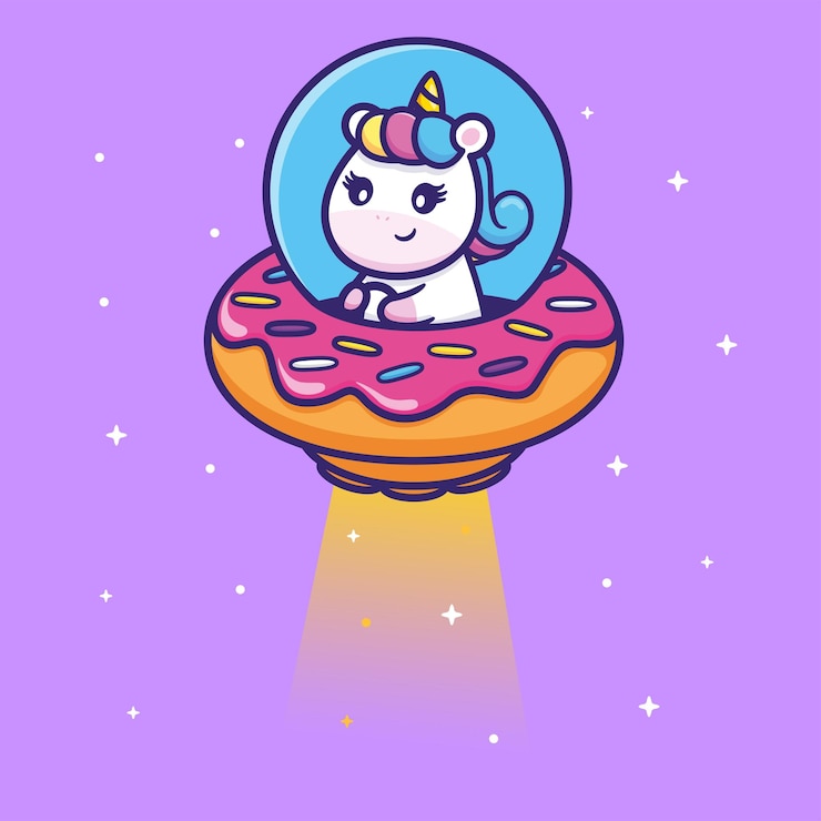 Ücretsiz Vektör cute unicorn riding donut ufo in space cartoon vector icon illustration animal science isolated