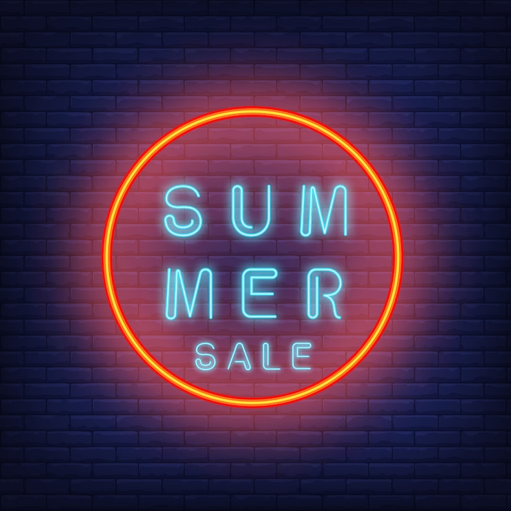 Ücretsiz Vektör daire içinde yaz indirim neon yazısı. sezonluk teklif veya satış reklamı