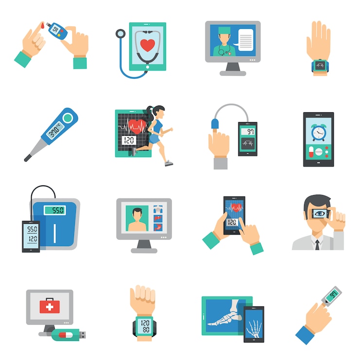 Ücretsiz Vektör digital health icons flat set