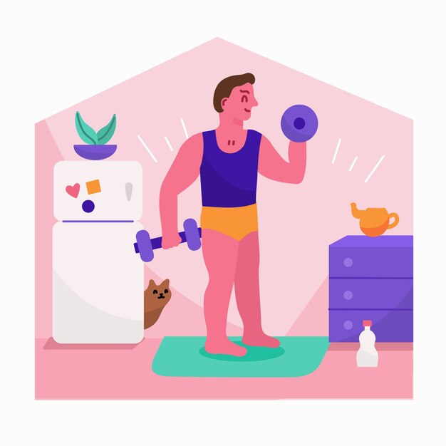 doing dumbbell exercises indoors concept quarantine
