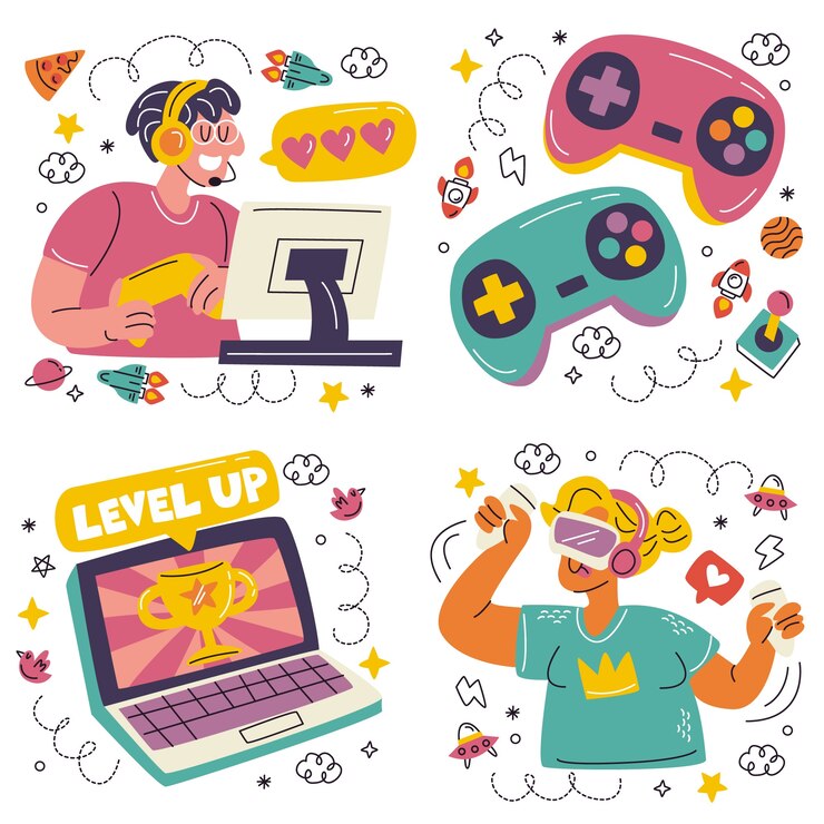 Ücretsiz Vektör doodle oyuncu çıkartmaları koleksiyonu