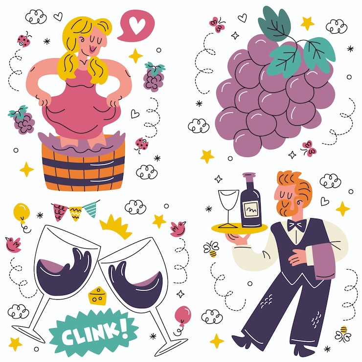 Ücretsiz Vektör doodle wine stickers collection