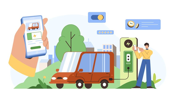 Ücretsiz Vektör düz adam karakteri, mobil uygulama aracılığıyla elektrikli arabayı ev şarj istasyonunda şarj ediyor