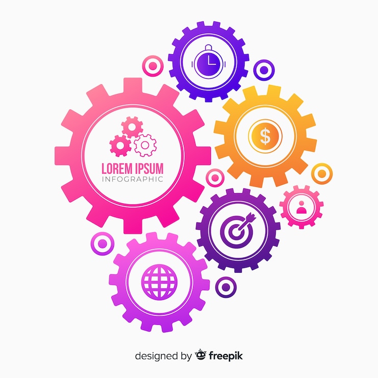 Ücretsiz Vektör düz geometrik gradyan dişli infografikleri
