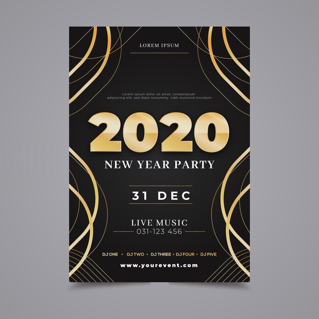Düz tasarımda Yeni Yıl 2020 parti posteri şablonu