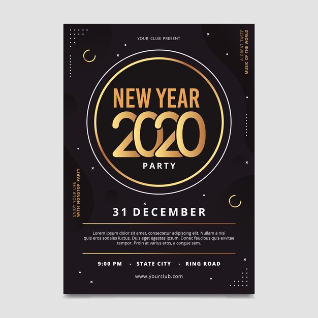 Düz tasarımda Yeni Yıl 2020 parti posteri şablonu