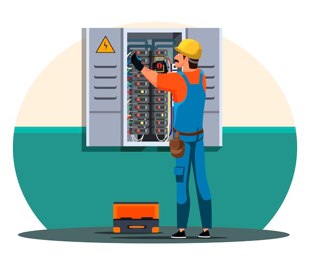 Electrician engineer checking up voltage current resistance with multimeter at breaker switch box
