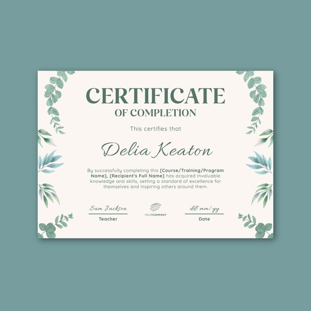 elegant watercolor leaves certificate template