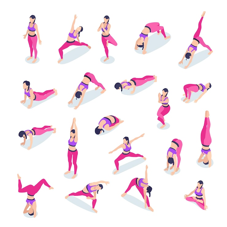 Ücretsiz Vektör esnetme, fitness, spor salonu egzersizleri yapan, lotus yoga pozları veren kadın izometrik ikonlar seti, pembe pantolon vektör çizimi