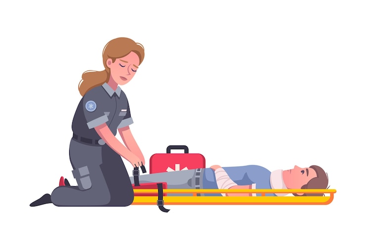 Ücretsiz Vektör female paramedic with first aid kit helping injured man after accident cartoon