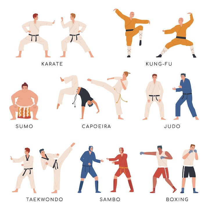 Ücretsiz Vektör fighters flat icons set with karate taekwondo and other martial arts sportsmen isolated vector illustration
