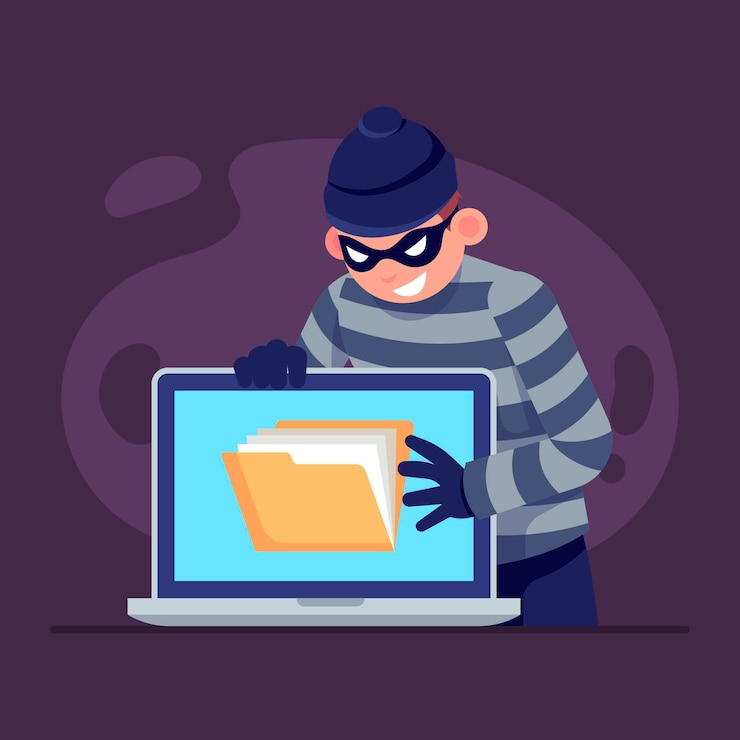 Ücretsiz Vektör flat design steal data illustration with thief and laptop