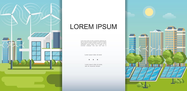 Ücretsiz Vektör flat eco city colorful template with modern buildings ecology houses wind turbines solar panels green trees
