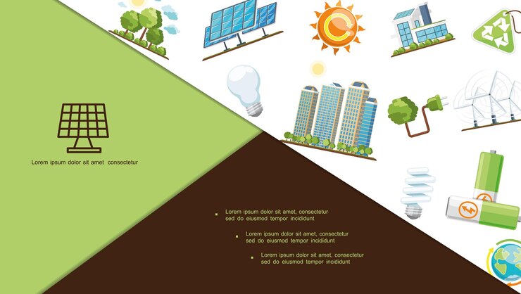 Ücretsiz Vektör flat energy save composition with solar panels eco house modern buildings batteries earth planet lightbulbs wind turbines recycling sign plug sun trees