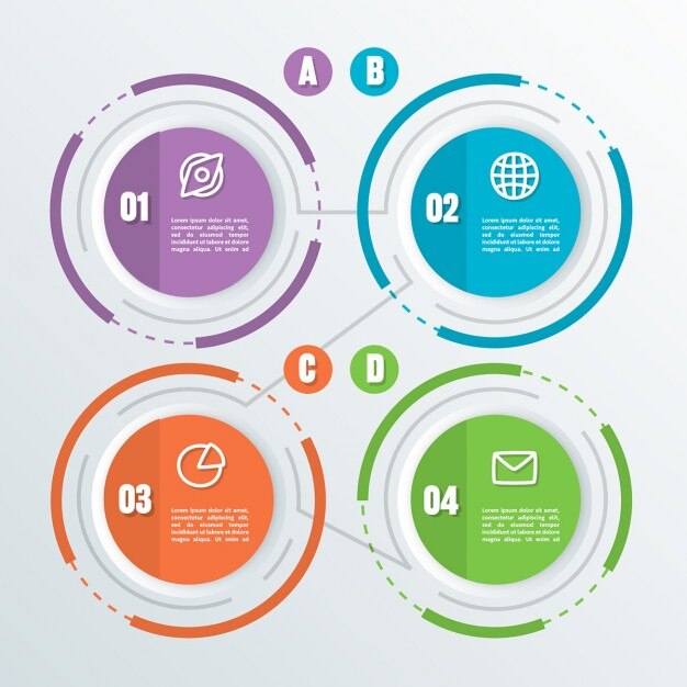Four circular options with icons for infographics