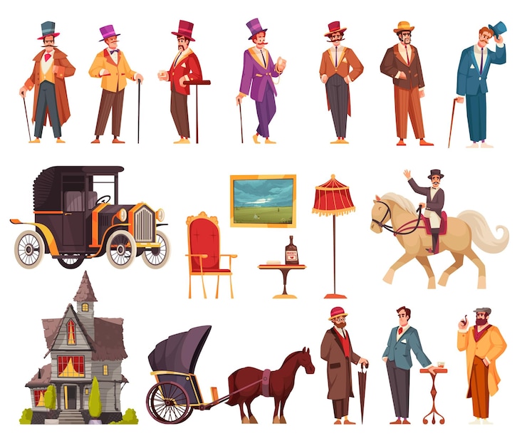 Ücretsiz Vektör gentlemen cartoon icons set with english aristocrats in victorian clothing isolated vector illustration