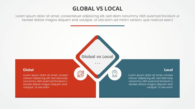 global vs local versus comparison opposite infographic concept for slide presentation with diamond shape center with rectangle box bottom with flat style