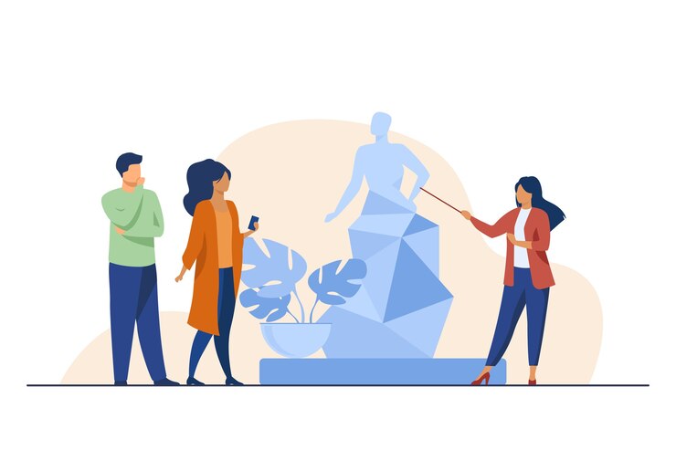Ücretsiz Vektör guide telling about sculpture to tourists. museum, travel, leisure flat vector illustration. art and entertainment concept 