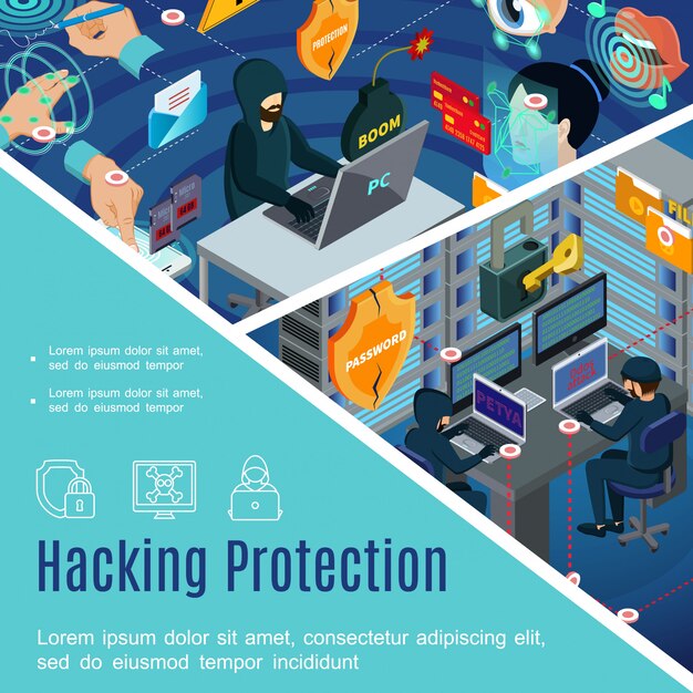hacking security and protection template with antivirus passwords biometric authorization in isometric style