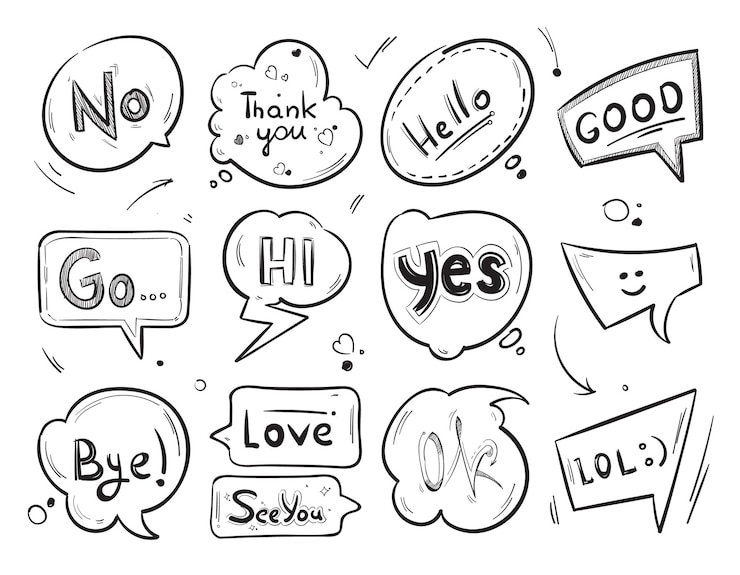 Ücretsiz Vektör hand drawn comic speech bubbles with popular message words collection.