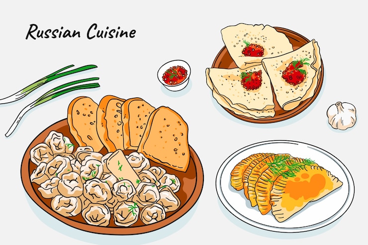 Ücretsiz Vektör hand drawn russian cuisine illustrations