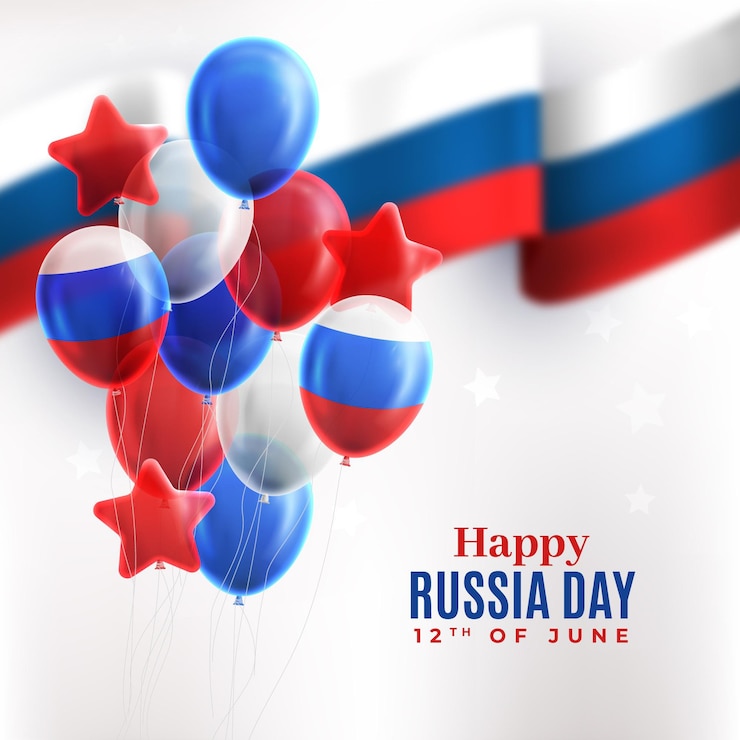 Ücretsiz Vektör happy russia day blurred flag and balloons background