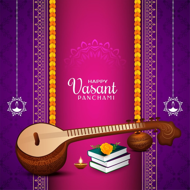 Ücretsiz Vektör happy vasant panchami festival background with musical instrument veena