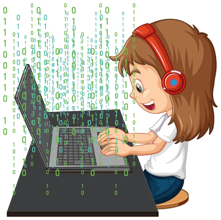 Ücretsiz Vektör i̇kili kodlu bir laptop kullanan kız
