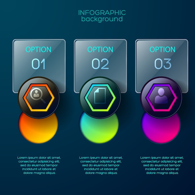 infographic business concept with three rectangular glossy option fields with place for editable text and colorful pictograms