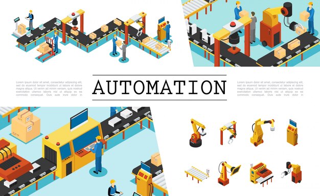 isometric automated factory elements set with industrial assembly and packaging lines operators mechanical robotic arms