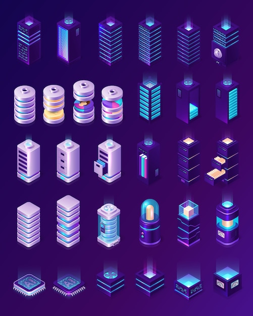 Isometric data center, server room equipment, hardware racks or web hosting infrastructure icons isolated