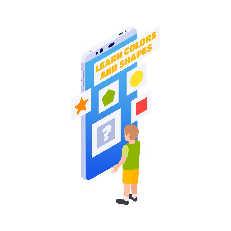 Ücretsiz Vektör isometric distant kindergarten with boy learning shapes and colors on smartphone isometric