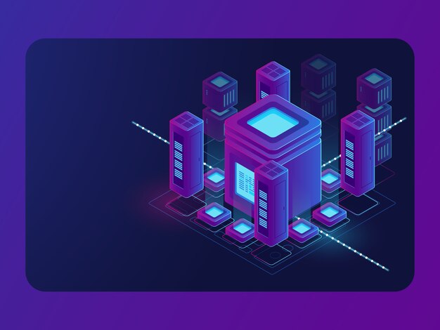 isometric smart city, digital town, server room, big data flow processing, data center