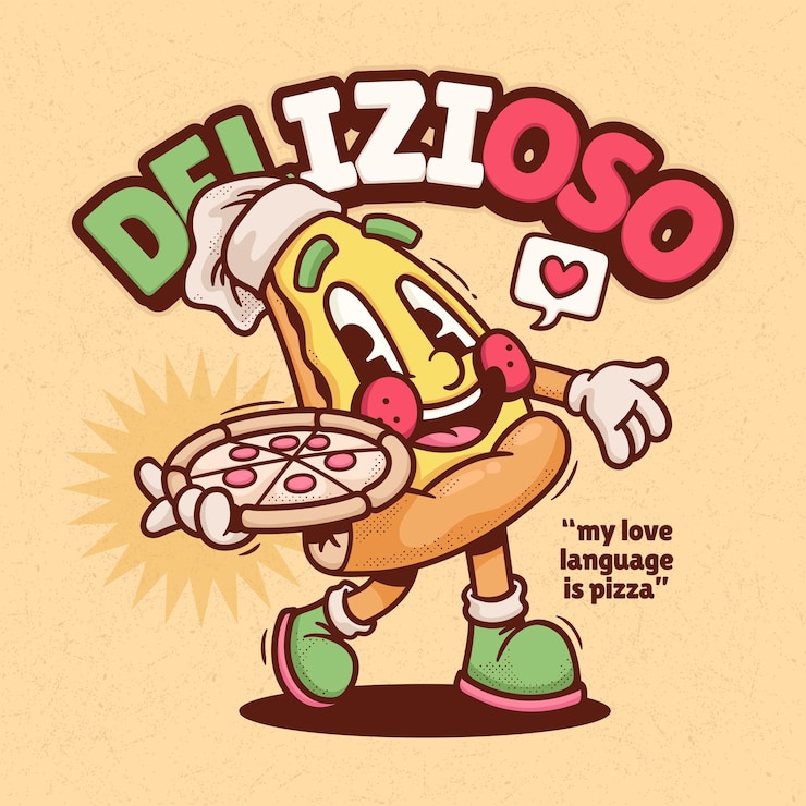 Ücretsiz Vektör i̇talyan pizza trend retro karikatür vektör el çizimi