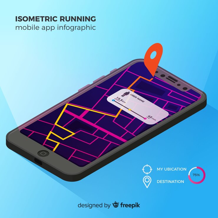 Ücretsiz Vektör i̇zometrik koşu mobil uygulama infografiği